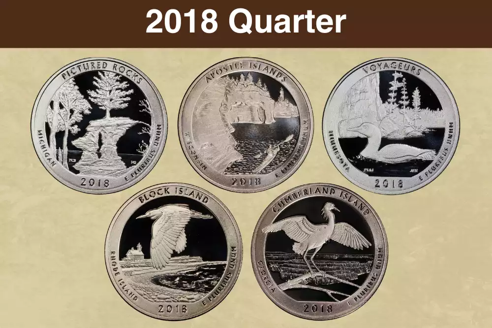 2018 America the Beautiful quarter showing Washington portrait obverse and Pictured Rocks National Lakeshore reverse design