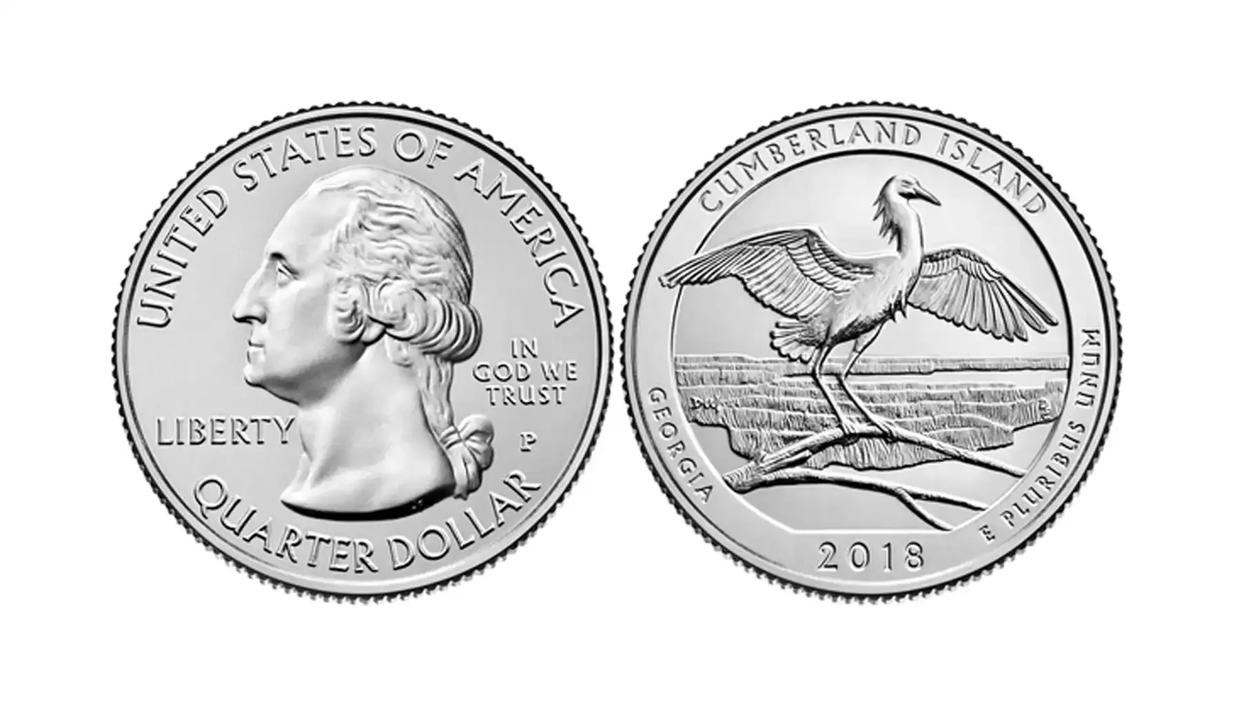 2018 quarter grading strip showing four condition tiers from left to right: heavily worn circulated, lightly circulated, uncirculated with contact marks, and gem uncirculated with full luster